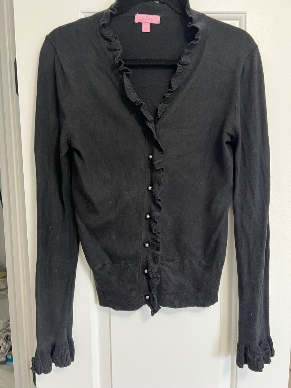 Lilly Pulitzer Black Ruffle-Trim Cardigan Small